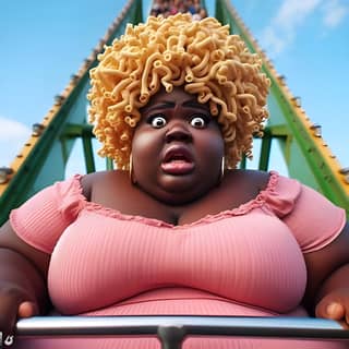 a black woman with curly hair on a roller coaster