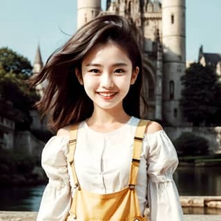 a girl in yellow overalls standing in front of a castle