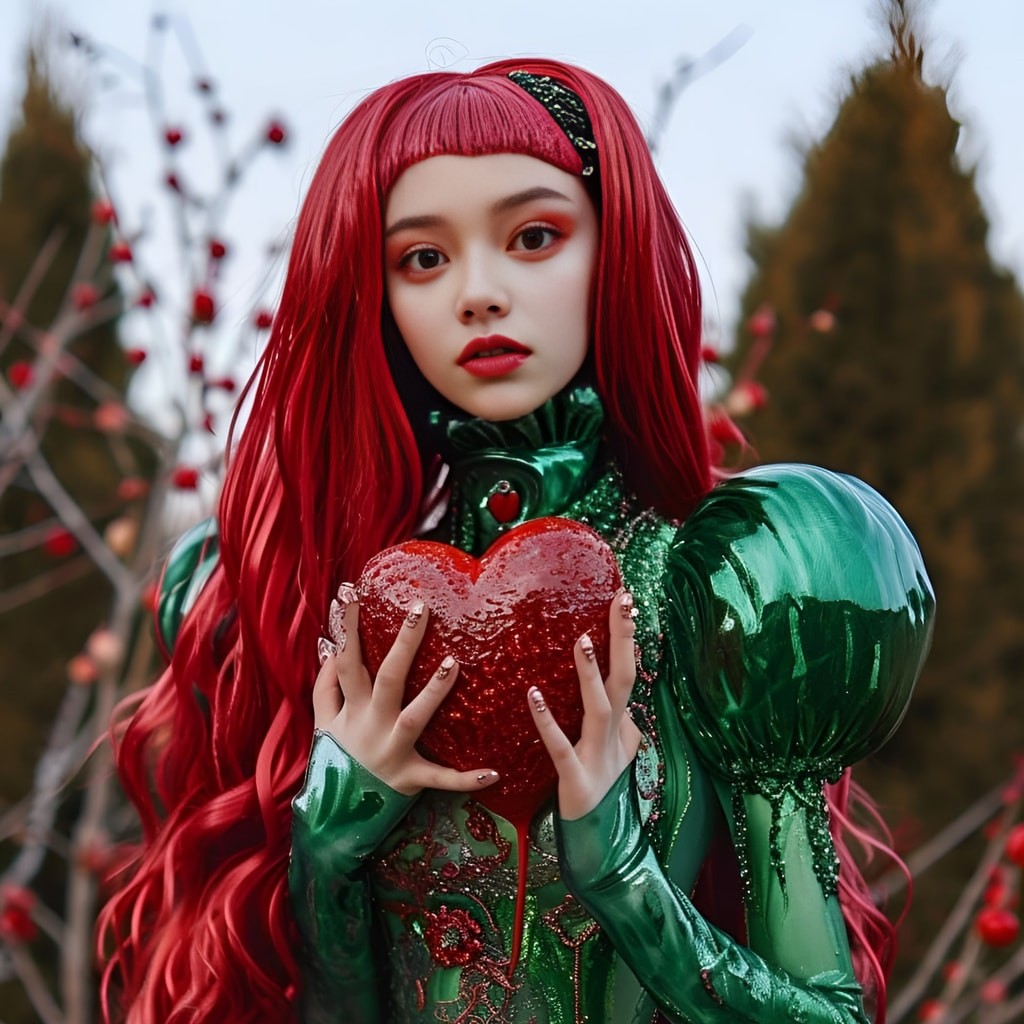 with red hair and green dress holding a heart