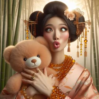 Femme en costume de geisha tenant un ours en peluche.