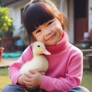 asian little girl holding a duck in her hands