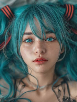 a girl with blue hair and a red bow