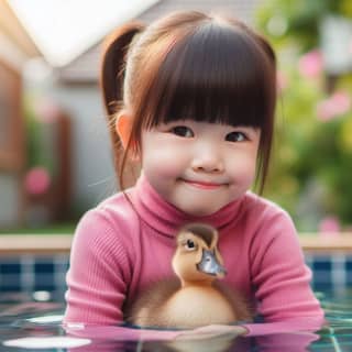 a little girl in a pink sweater holding a duck