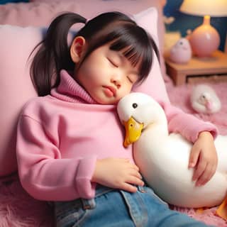 a little girl sleeping with a duck on her bed