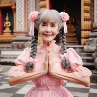 an elderly woman in a pink dress is doing a prayer