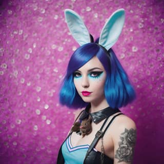 with blue hair and bunny ears