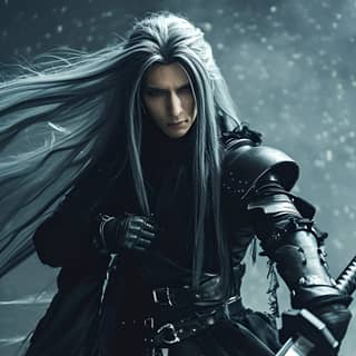 with long hair and black clothes holding a sword