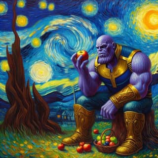 thanos sitting on a log eating an apple