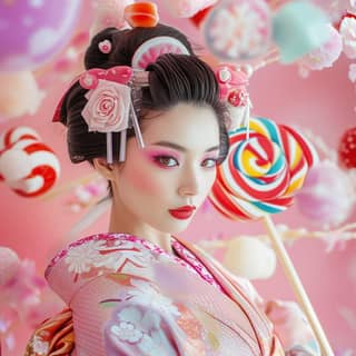 woman in a geisha costume holding a lollipop