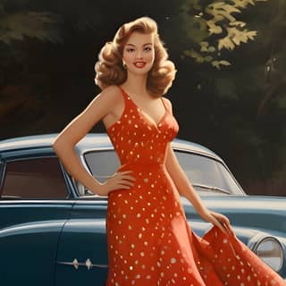 in an orange dress standing next to a classic car