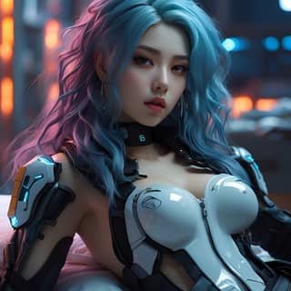 with blue hair and a futuristic outfit