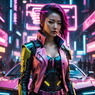cyberpunk girl with neon hair and pink jacket standing in front of a car