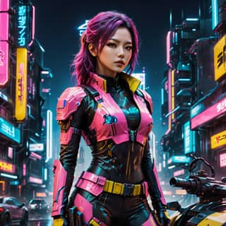 cyberpunk girl with pink hair and neon lights