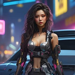 in a futuristic outfit standing next to a car