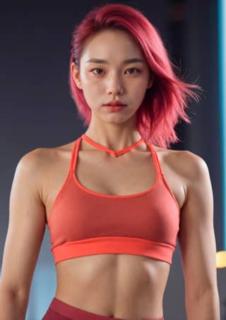 with red hair and a sports bra top