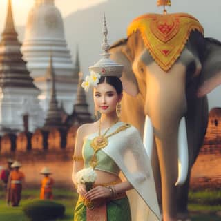 Thailändische Frau in traditioneller Kleidung mit Elefant vor einem Tempel.