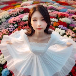 in a white dress is standing in a flower field