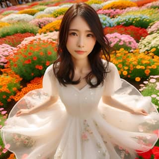 in a white dress sitting in a field of flowers