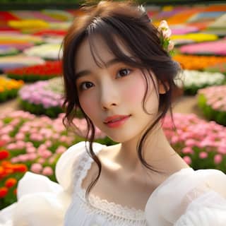 woman in white dress posing in front of a flower field