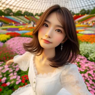 woman in a white dress standing in a flower field