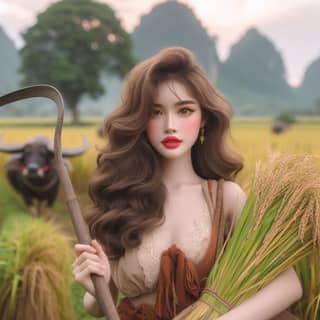 woman with long hair and a plow in the field