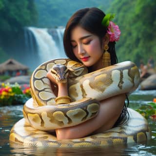 woman holding a large snake in the water