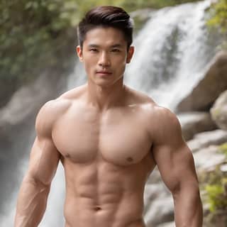 asian man in black swim trunks standing in front of a waterfall