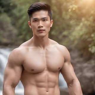 asian man standing in front of a waterfall