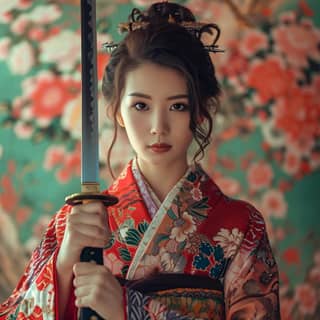 beautiful japanese woman in kimono holding a sword