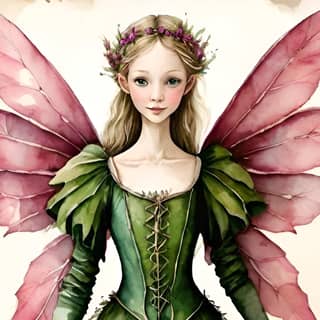 a fairy in a green dress with pink wings