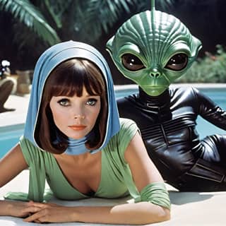 Un extraterrestre se sienta junto a una piscina con un vestido verde.