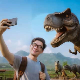 taking a selfie with a t - rex