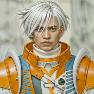 with white hair and an orange and blue jacket