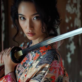 woman in a kimono holding a sword