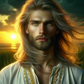 with long hair and a beard is standing in front of a sunset