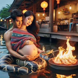 a pregnant woman and her husband are sitting on a snake in the water