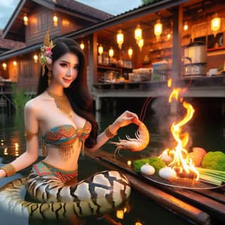 in a thai dress is sitting on a boat with a snake