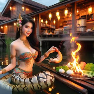 Une personne en costume traditionnel thaïlandais est assise sur un bateau avec un serpent.