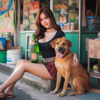 in a short skirt and a dog