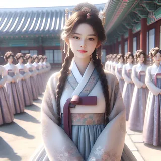Geleneksel Kore kıyafetleri giymiş bir kişi bir grup insanın önünde duruyor.