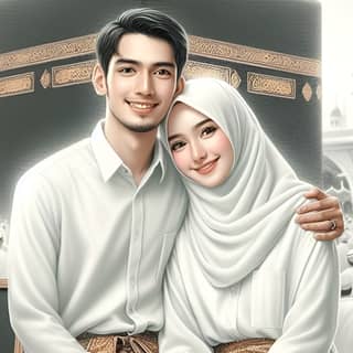 artistic illustration of a couple in front of the kaaba
