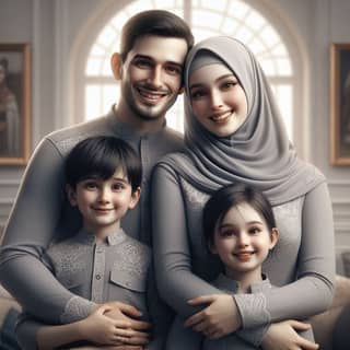 a family posing for a photo in a room