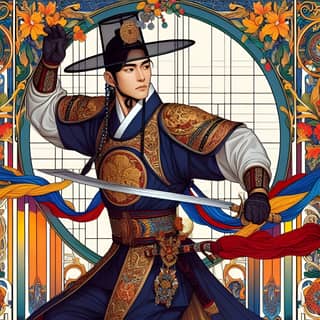 in an oriental costume holding a sword