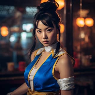 in a blue and yellow costume