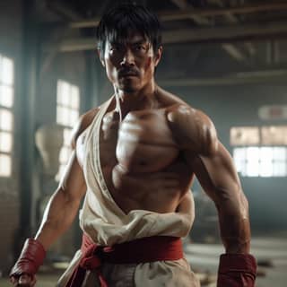 the martial artist is posing in a warehouse