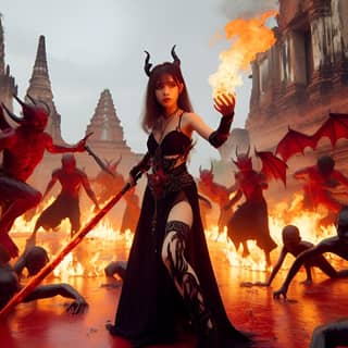 in a black dress standing in front of a group of demons