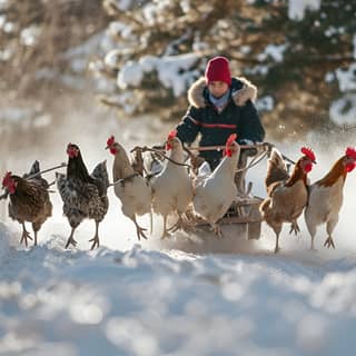 a person is pulling a sled with a group of chickens
