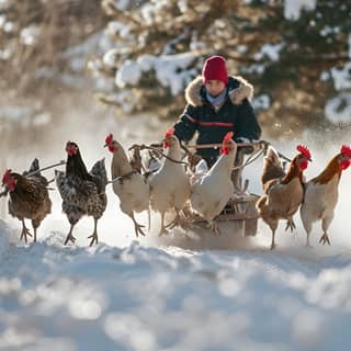 Une personne tire un traîneau avec un groupe de poules.