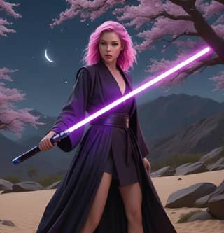 in a purple robe with a light saber