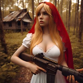 a blonde woman in a red dress holding a gun